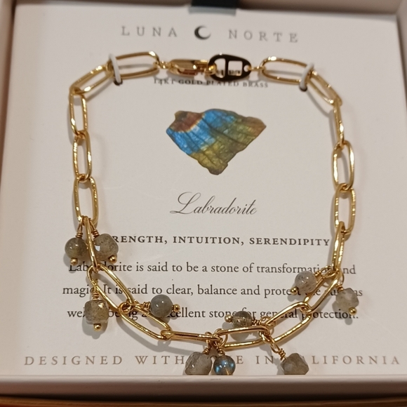 LUNA NORTE 14KT GOLD PLATED BRASS LABRADORITE GEMSTONES DANGLE CHAIN BRACELETCo - Picture 2 of 6